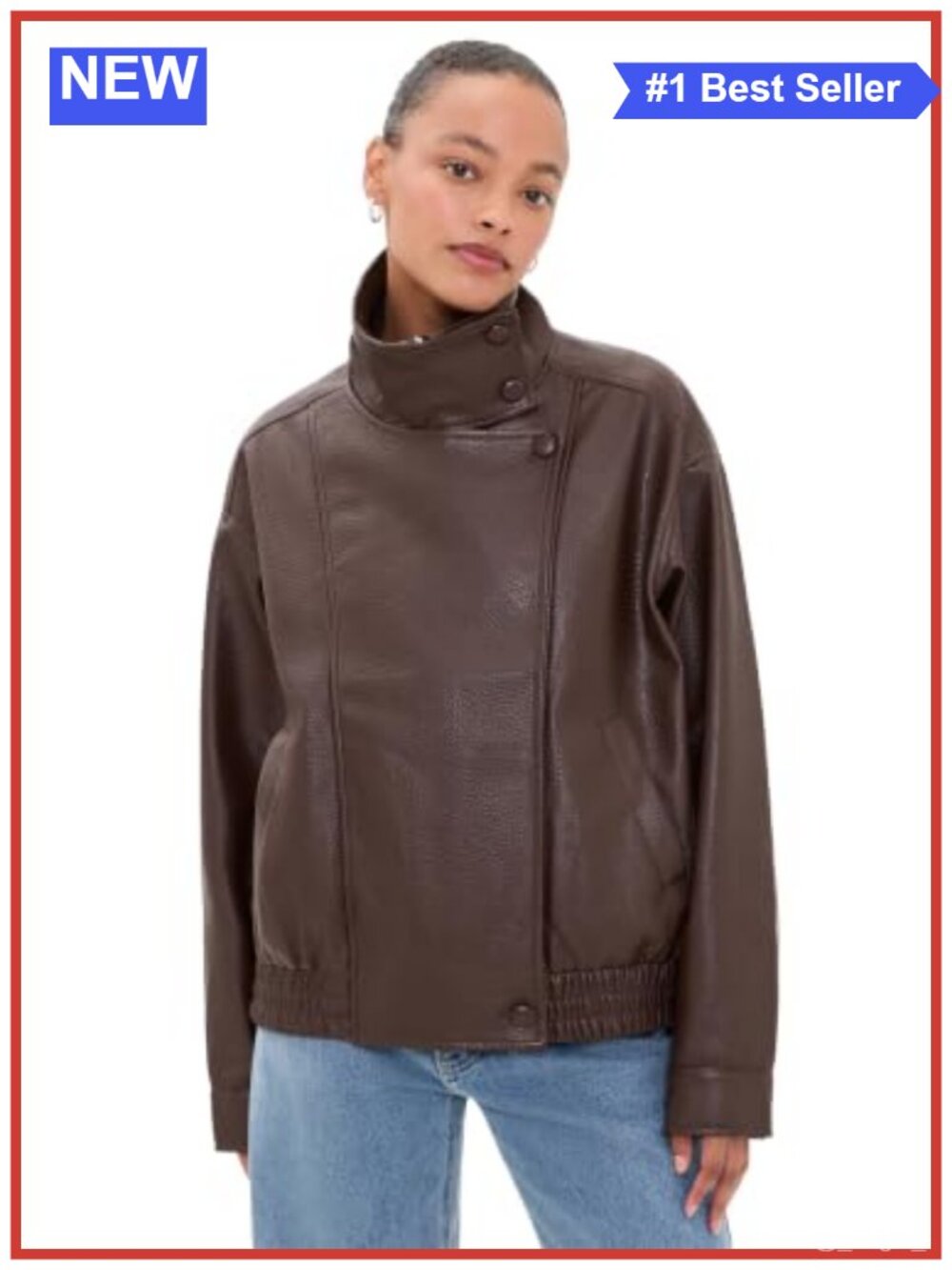 Funnel Faux Leather Mid-Weight Non-Stretch Jacket Snap Zip Placket